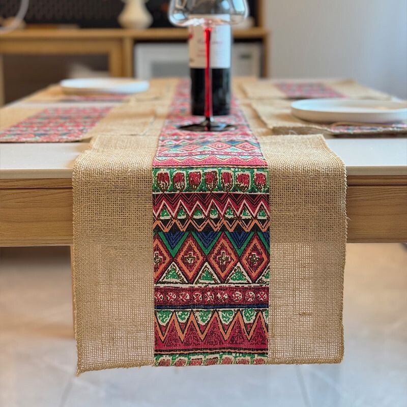 波西米亚风粗布黄麻桌旗手工粗麻茶巾派对新疆艾特莱斯长条餐桌巾