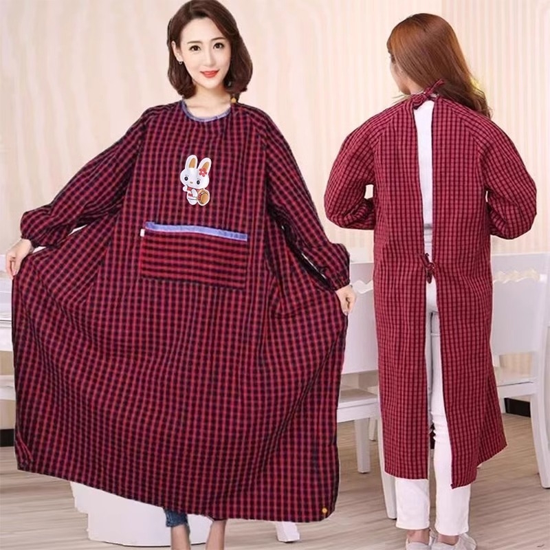 加肥加长棉麻老粗布带长袖围裙厨房防油污成人罩衣男女工作服秋冬