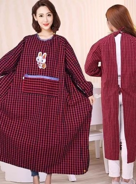 加肥加长棉麻老粗布带长袖围裙厨房防油污成人罩衣男女工作服秋冬
