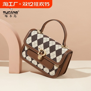 啄木鸟包包女士2024新款春季高级感单肩斜挎包棋盘格复古小方包