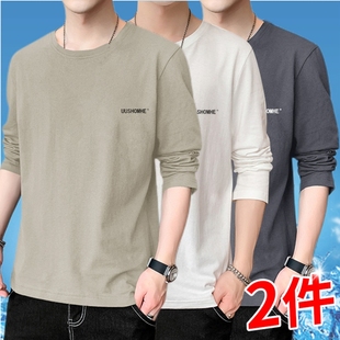 上衣全棉圆领打底衫 休闲运动百搭潮流大码 男春秋薄款 100%纯棉长袖