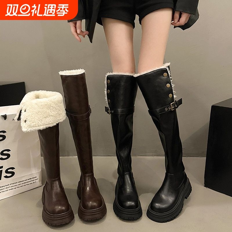 幂琳厚底过膝长筒靴加绒雪地靴女鞋2025新款冬季棉鞋高筒翻折骑士