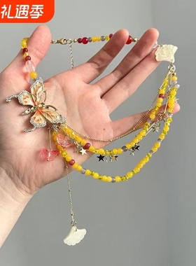 黄色滴油蝴蝶银杏叶流苏项链女2025新款春夏辣妹甜酷风叠戴锁骨链