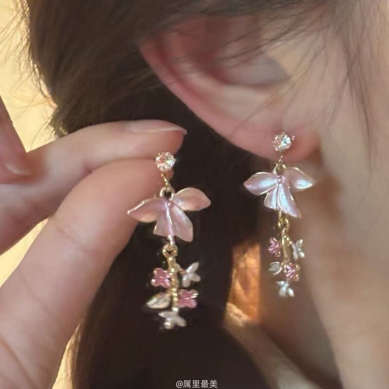 新中式鸢尾花流苏耳环法式复古珐琅油画耳坠甜美气质耳饰