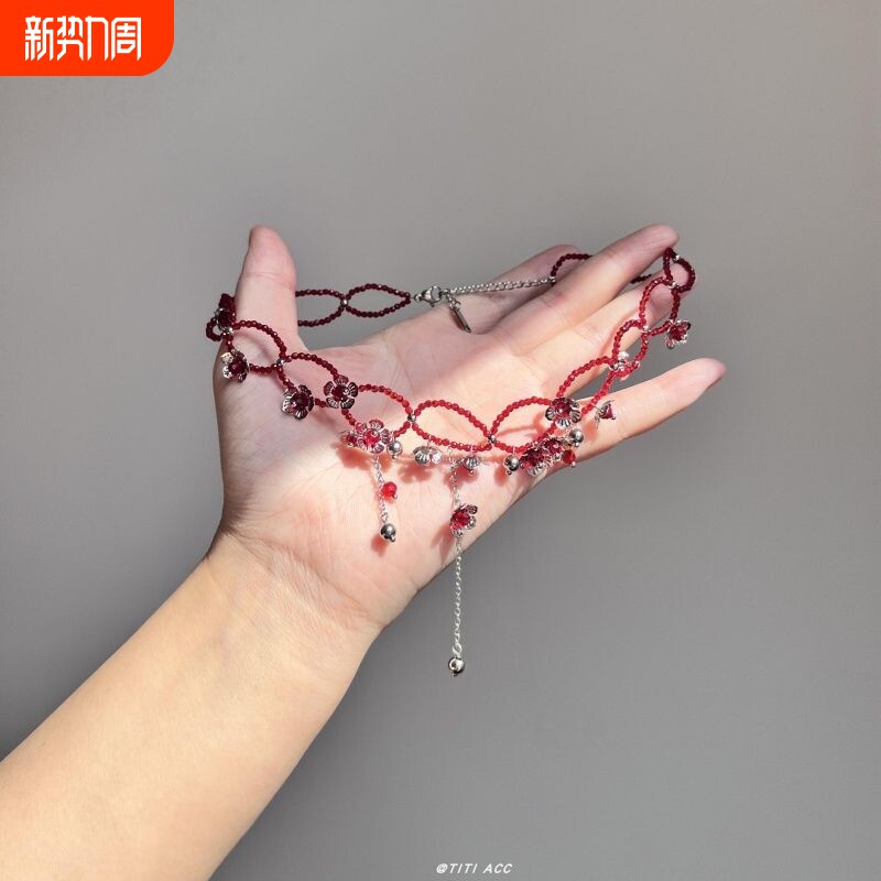 炽热火焰!复古红色串珠银色花朵项链女款设计感锁骨链choker颈
