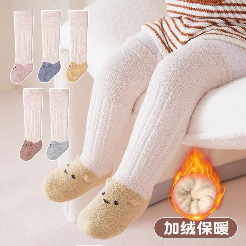 婴儿袜子秋冬款加厚珊瑚绒保暖长筒袜儿童宝宝a睡眠袜加绒咖色
