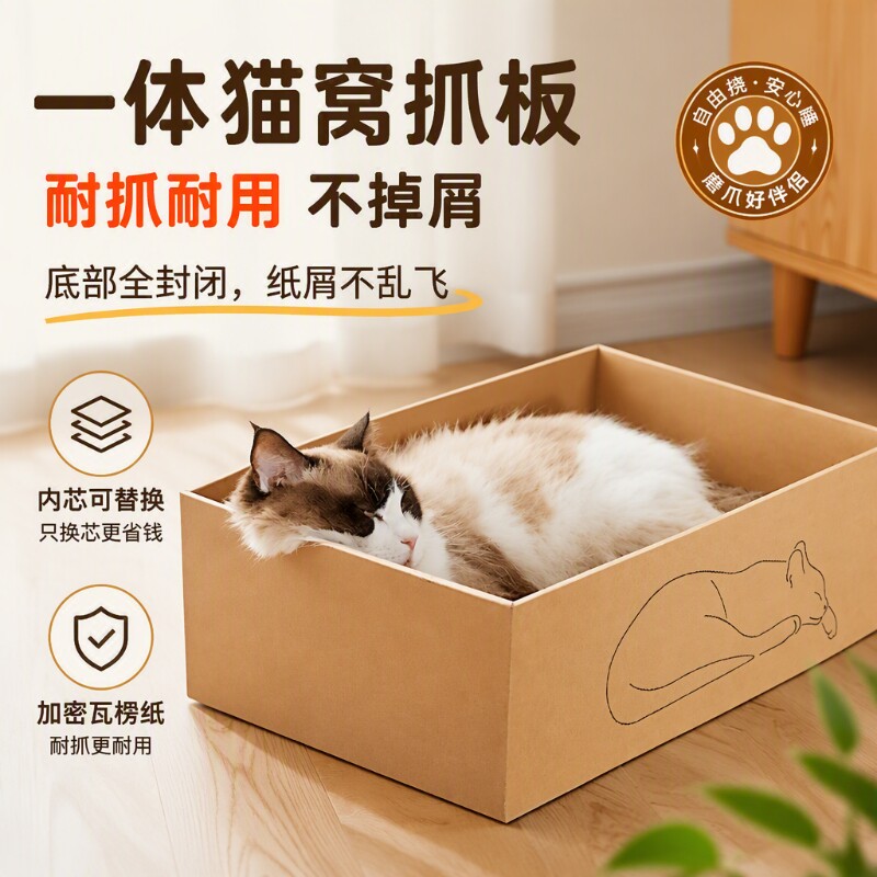 猫抓板瓦楞纸替换芯纸箱猫窝一体耐磨猫爪板屋冬季猫咪用品纸板盒