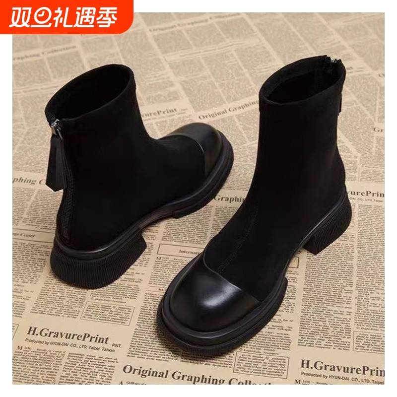 真皮瘦瘦靴子2025的袜靴小短靴秋冬季爆款小踝靴单靴高跟粗跟鞋子