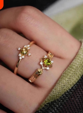 法式复古轻奢橄榄绿锆石戒指女浪漫精致高级感闪耀镶嵌指环可调节