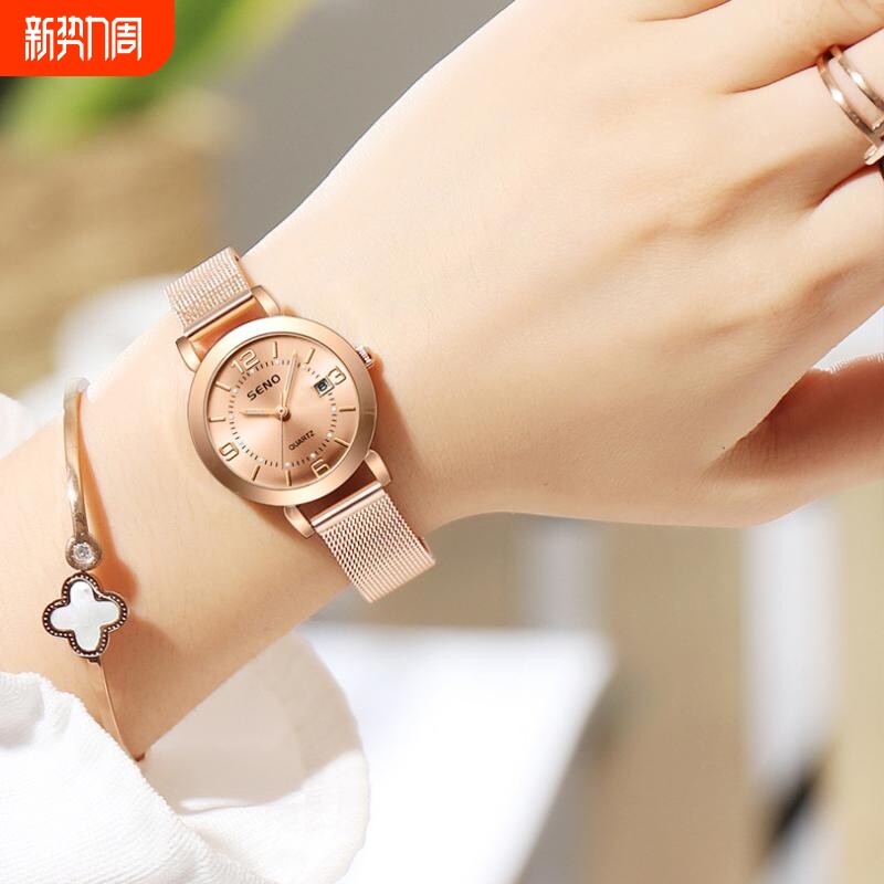 抖音爆款全自动女士手表夜光防水单日历女学生钢带腕表石英普通