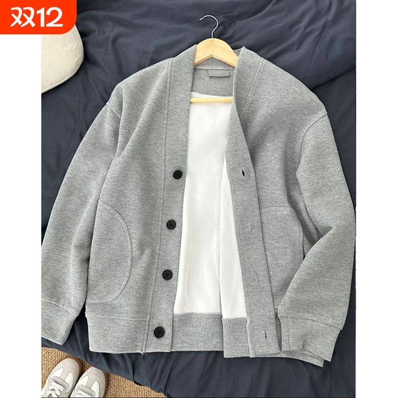 日系复古慵懒风灰色华夫格V领开衫卫衣男秋冬季休闲帅气运动外套