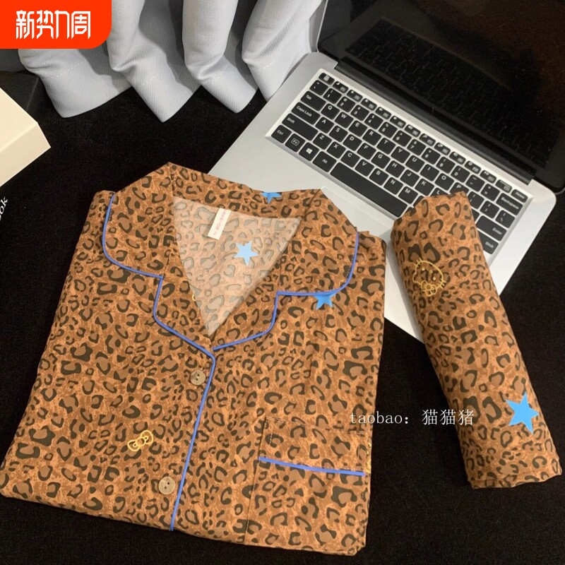 红豆豹纹KT猫纯棉纱睡衣女春秋长袖套装宽松学生棉绸开衫可外穿家