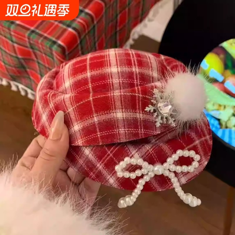 氛围感红色闪钻小礼帽发夹女2025新款高端圣诞节新年装扮拍照道具