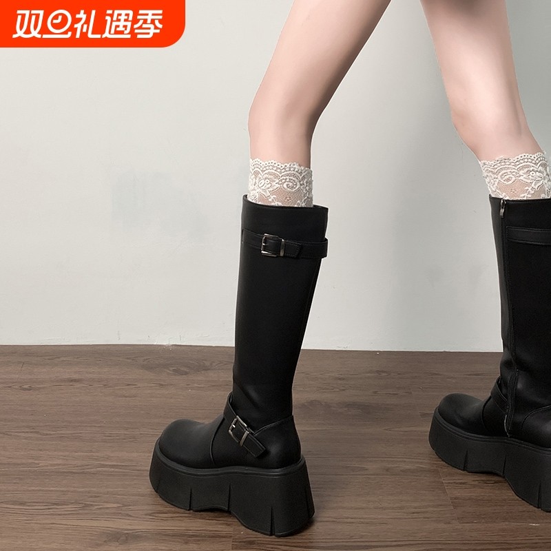 黑色厚底长筒靴女2025新款秋季小个子胖mm显瘦增高骑士靴高跟高