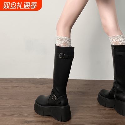 黑色厚底长筒靴女2025新款秋季小个子胖mm显瘦增高骑士靴高跟高筒