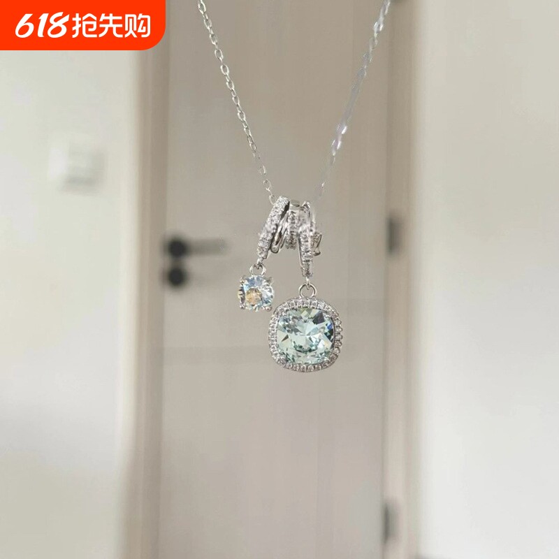 蓝色方钻超闪锆石吊坠锁骨链女钛钢不掉色颈链气质项链饰品清新