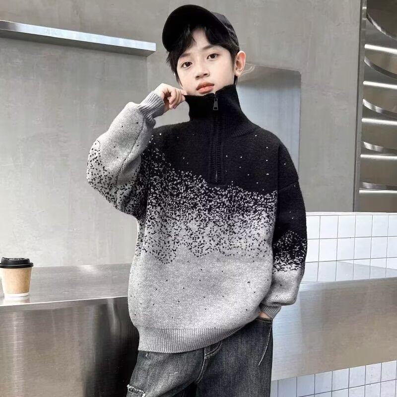 男童毛衣秋冬款2025秋季高领针织衫中大童儿童男孩秋装潮红色黑色