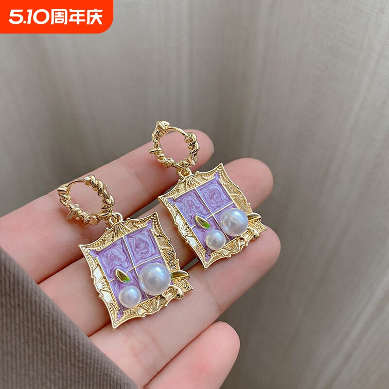 莫奈花园天然珠珠耳环女巴洛克紫色油画风耳钉轻奢高级感独特耳饰