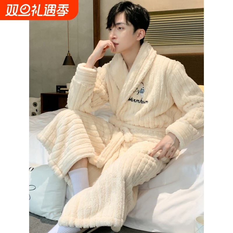 红豆睡衣男秋冬季珊瑚绒加厚加绒卡通睡袍长款浴袍可外穿冬天家居