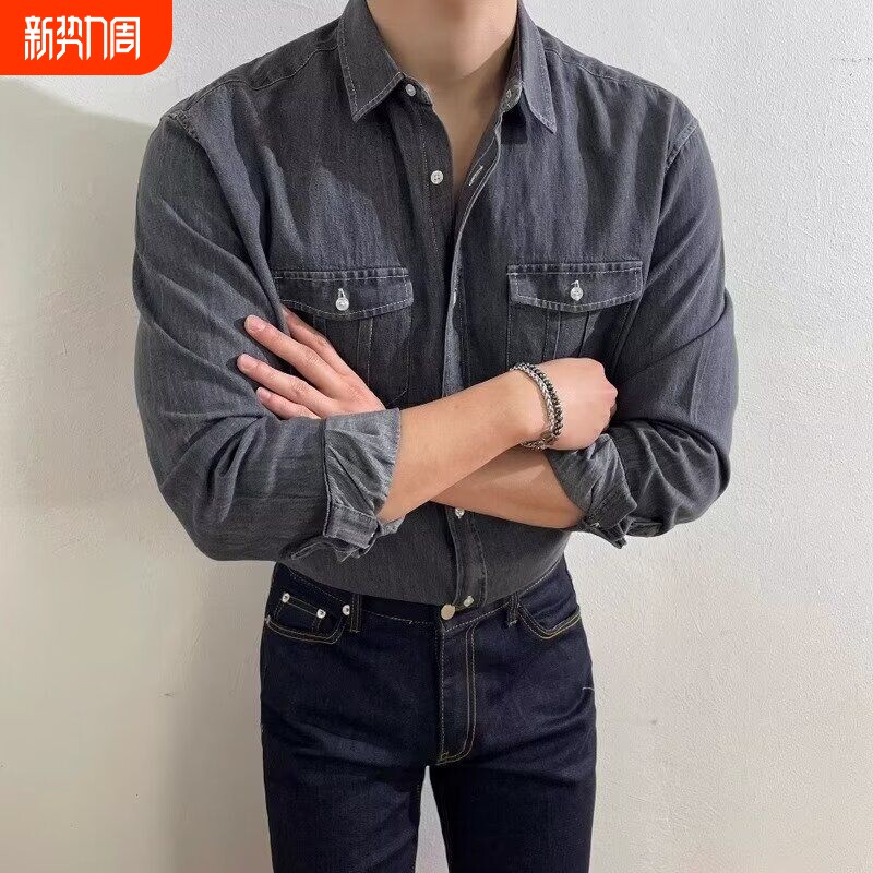 牛仔衬衫男韩版潮流ins宽松帅气百搭长袖衬衣港风外套春秋季寸衫