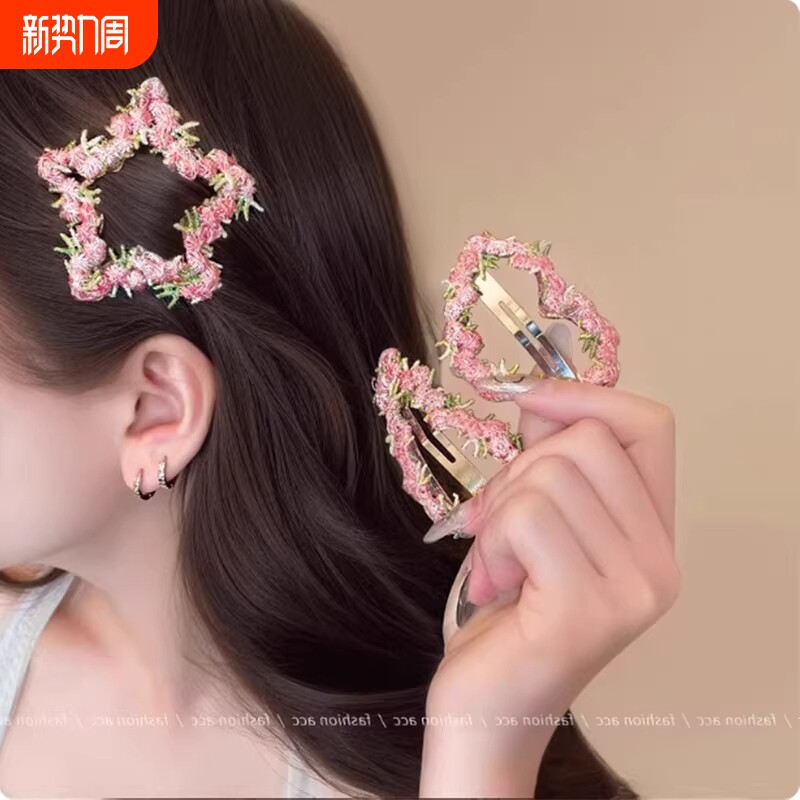 粉色刺绣花朵发夹女2026新款刘海夹侧边夹碎发发卡发饰五角星蕾丝
