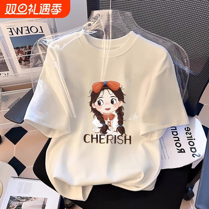 女童短袖T恤纯棉夏装新款洋气时髦半袖透气休闲上衣印花动漫韩版