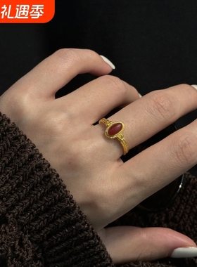 法式复古红色锆石戒指女小众中古vintage指环时尚轻奢高级感手饰