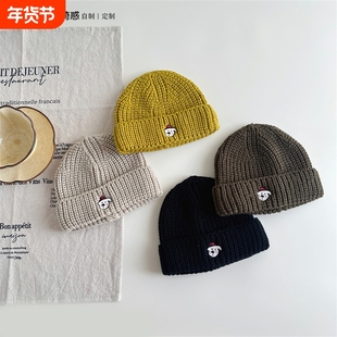 【HOT】小狗头刺绣儿童冷帽套头针织帽子秋冬天男童女童包头保暖
