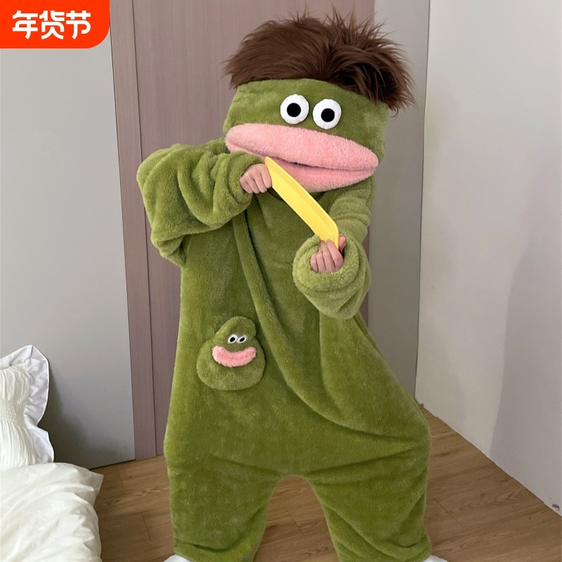 情侣丑鱼儿童连体大嘴怪睡衣冬季珊瑚绒加厚保暖亲子搞怪睡袍加绒