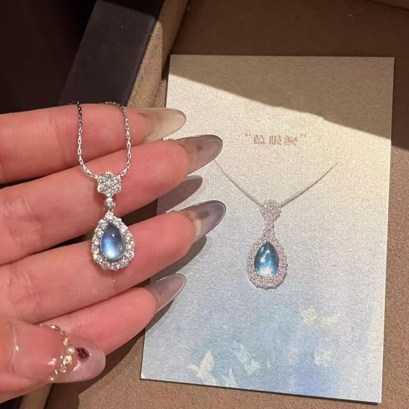轻奢满钻蓝眼泪项链仙气甜美海蓝色水滴颈链锁骨链送女友生日礼物