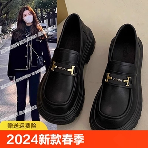 蜘蛛王厚底乐福鞋女2024新款春季一脚蹬百搭黑色鞋子女单鞋英伦风
