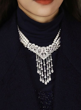 月光瀑布 多层珍珠项链复古水滴流苏 重工奢华两戴时尚百搭毛衣链