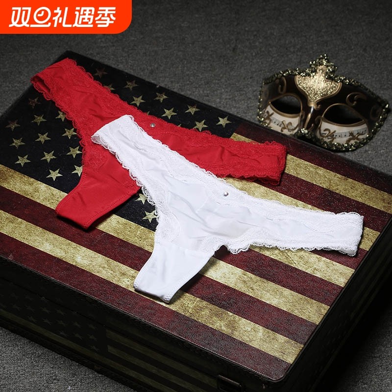 轻薄中腰丁字裤薄款蕾丝边T裤纯色丁字内裤红色白色透气纯棉裆女