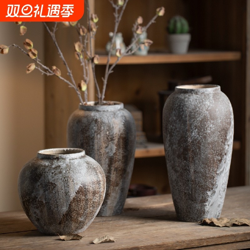 景德镇侘寂风装饰品摆件斑驳老旧陶瓷手工花瓶客厅玄关插干花花器