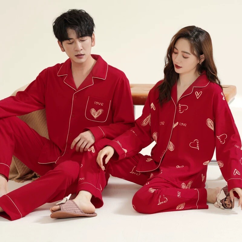 红色睡衣秋冬款长袖长裤圆领两件套男女士本命年春秋季结婚家居服