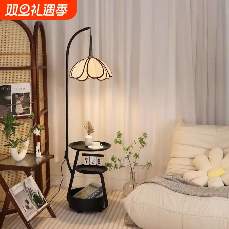 极简客厅书桌花瓣落地灯中古风钓鱼灯置物架一体氛围灯法式茶几