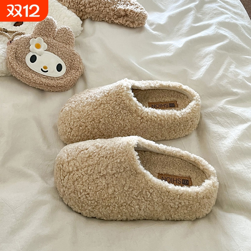 增高保暖包头羊羔毛毛拖鞋女外穿2025秋冬新款厚底加绒一脚蹬棉拖