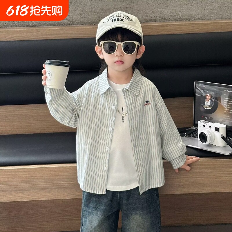 儿童条纹衬衫春秋季男童外套休闲2026新款帅气宝宝上衣夏装长袖潮