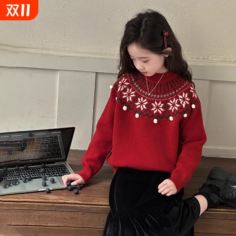 女童毛衣冬装2025新款洋气儿童过年红色针织衫女孩加厚拜年服冬季