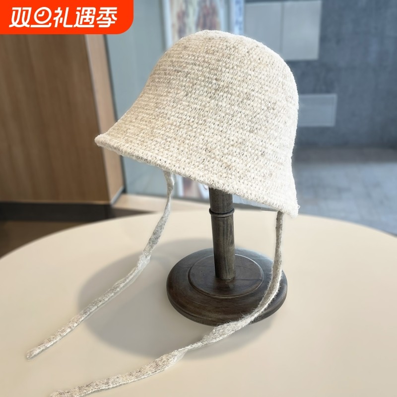 针织水桶帽子女秋冬保暖显脸小盆帽后开叉护耳毛线渔夫帽灰色白色