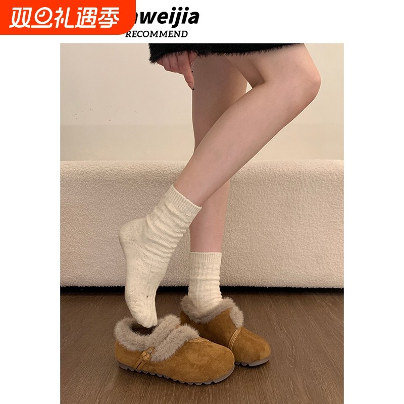 平底加绒保暖全包勃肯鞋毛毛女鞋子2025新款冬季雪地靴棉鞋豆豆鞋