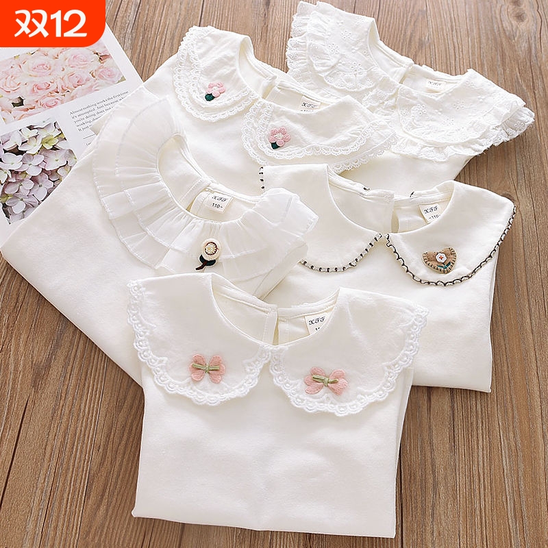 女童花边翻领打底衫秋装儿童白色套头衫长袖T恤婴儿衬衫上衣51