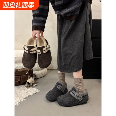 内增高厚底勃肯鞋女加绒灰色玛丽珍毛毛鞋秋冬季呢子保暖棉鞋毛绒