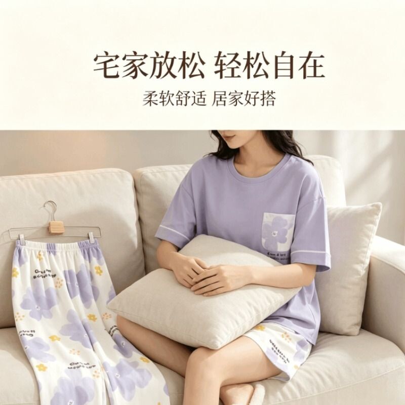 夏季睡衣女2026新款短袖带胸垫家居服三件套