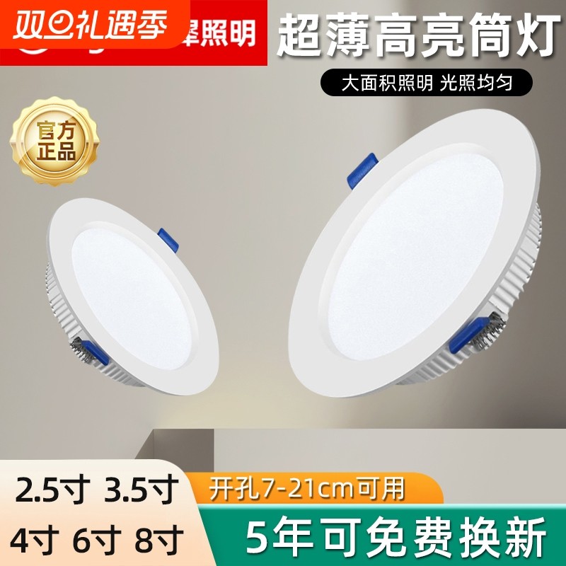 超薄led嵌入筒灯天花灯家用客厅店铺孔灯4寸6寸8寸开孔照明卫生