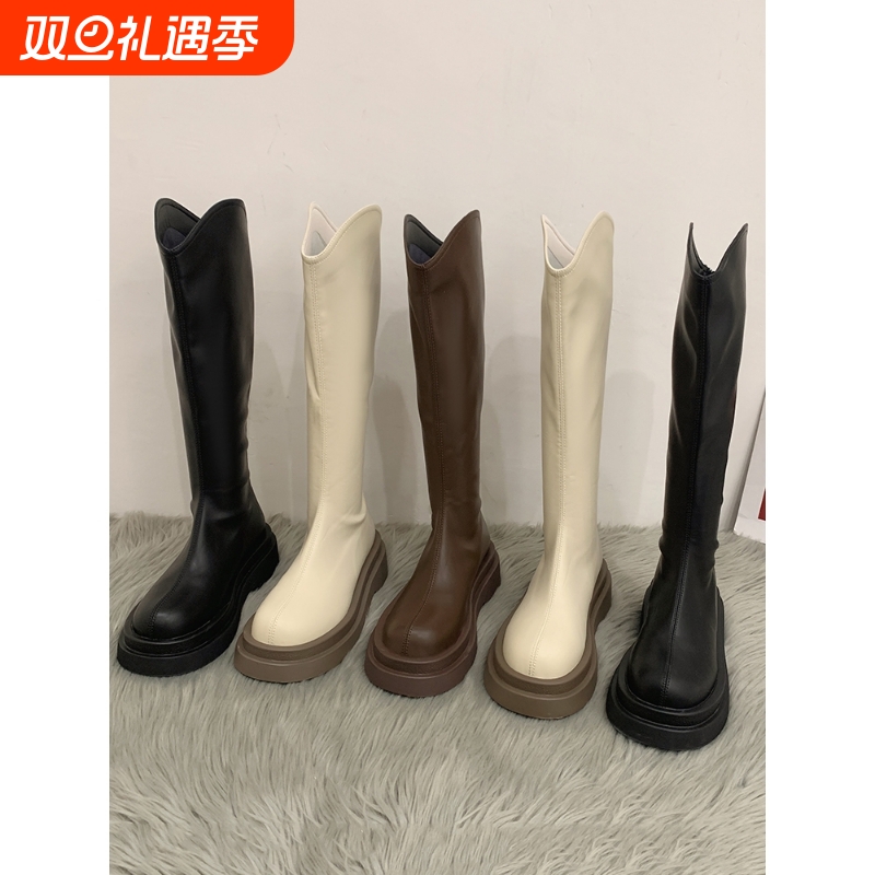 热风圈靴子女长筒靴2025新款秋冬季皮靴黑色高筒靴白色骑士靴厚底