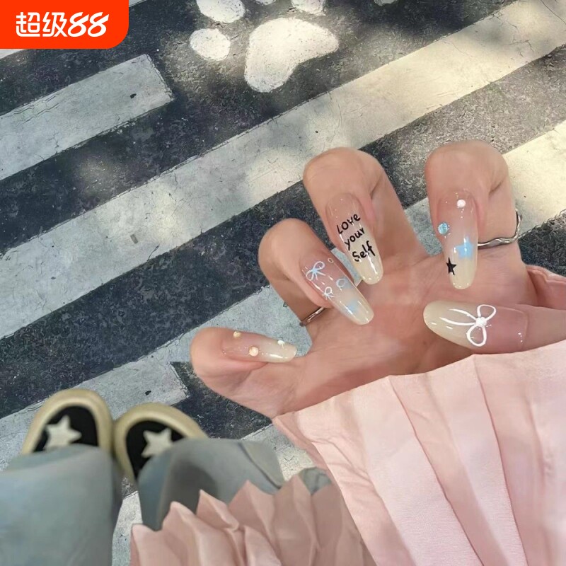 手工美甲穿戴甲蝴蝶结光疗甲可爱甜美风少女显白法式黑皮波点星星