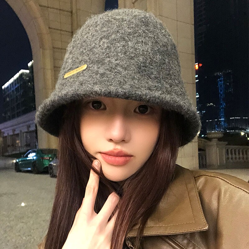 灰色羊毛混纺针织渔夫帽女冬季毛绒大头围保暖盆帽显脸小水桶帽子