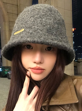 灰色羊毛混纺针织渔夫帽女冬季毛绒大头围保暖盆帽水桶帽子红色