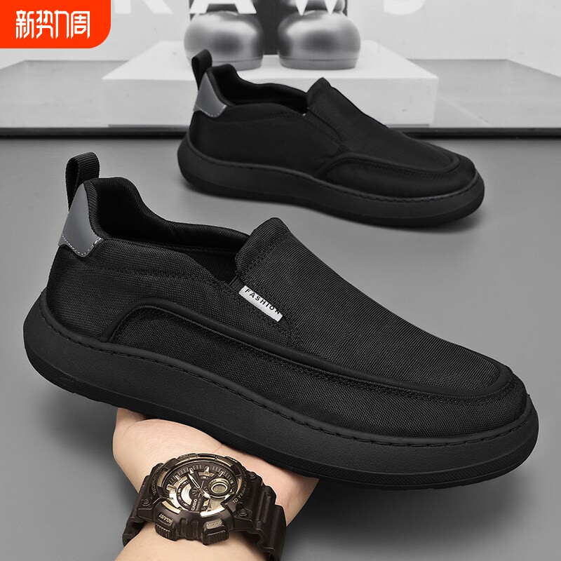 欧伦啄木鸟男鞋冬季一脚蹬懒人运动休闲板鞋轻便软底黑色开车老北